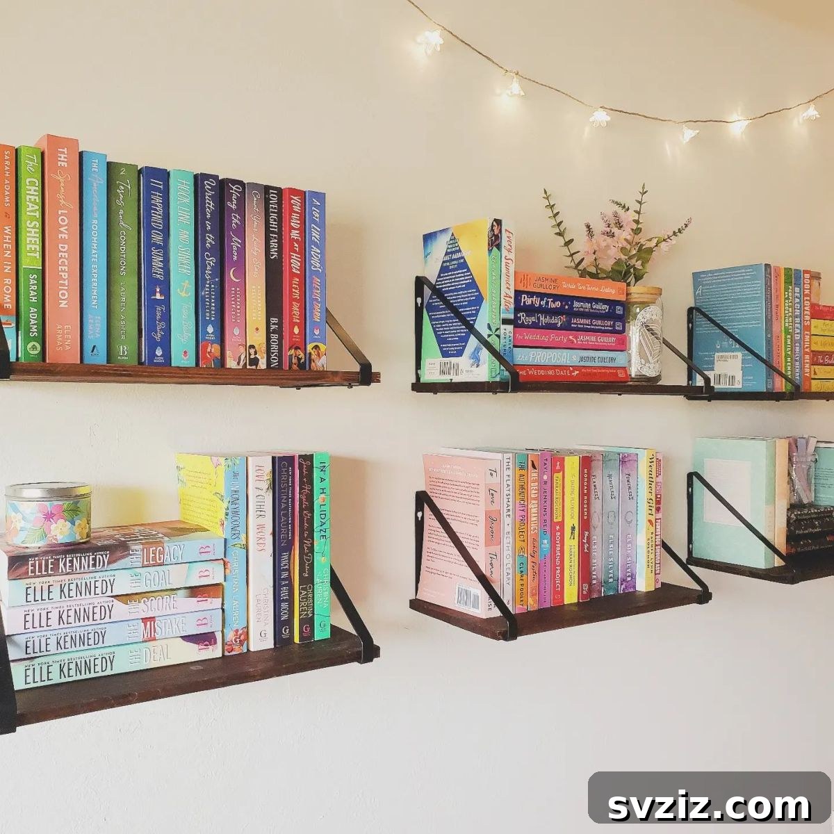 Stylish floating shelves displaying books, creating a modern and space-saving aesthetic.
