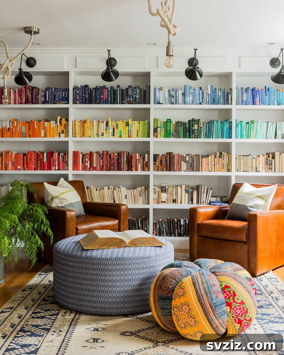 Books organized by ROYGBIV color scheme, creating a vibrant and aesthetically pleasing bookshelf.