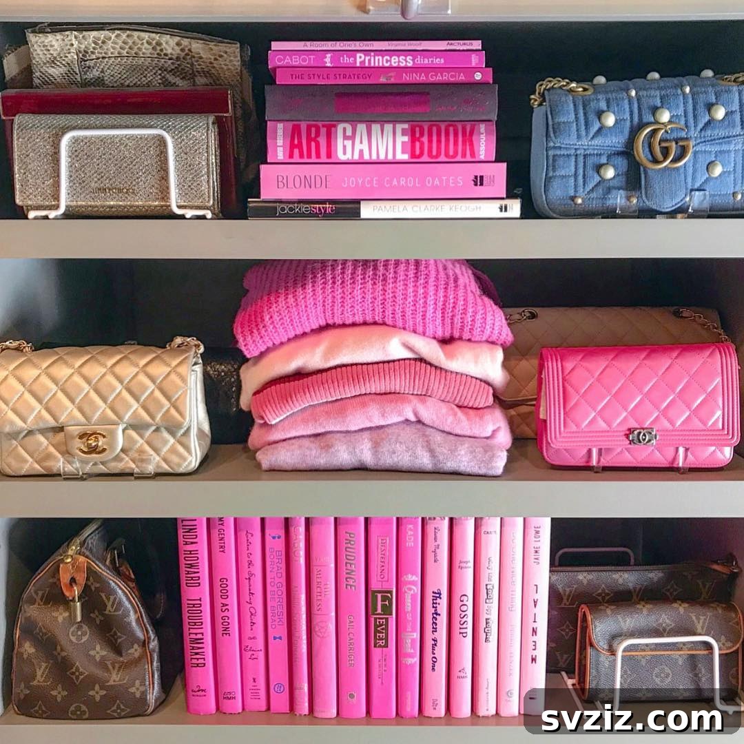 Charming bookshelf featuring books with pink covers, creating a 'pretty in pink' aesthetic.