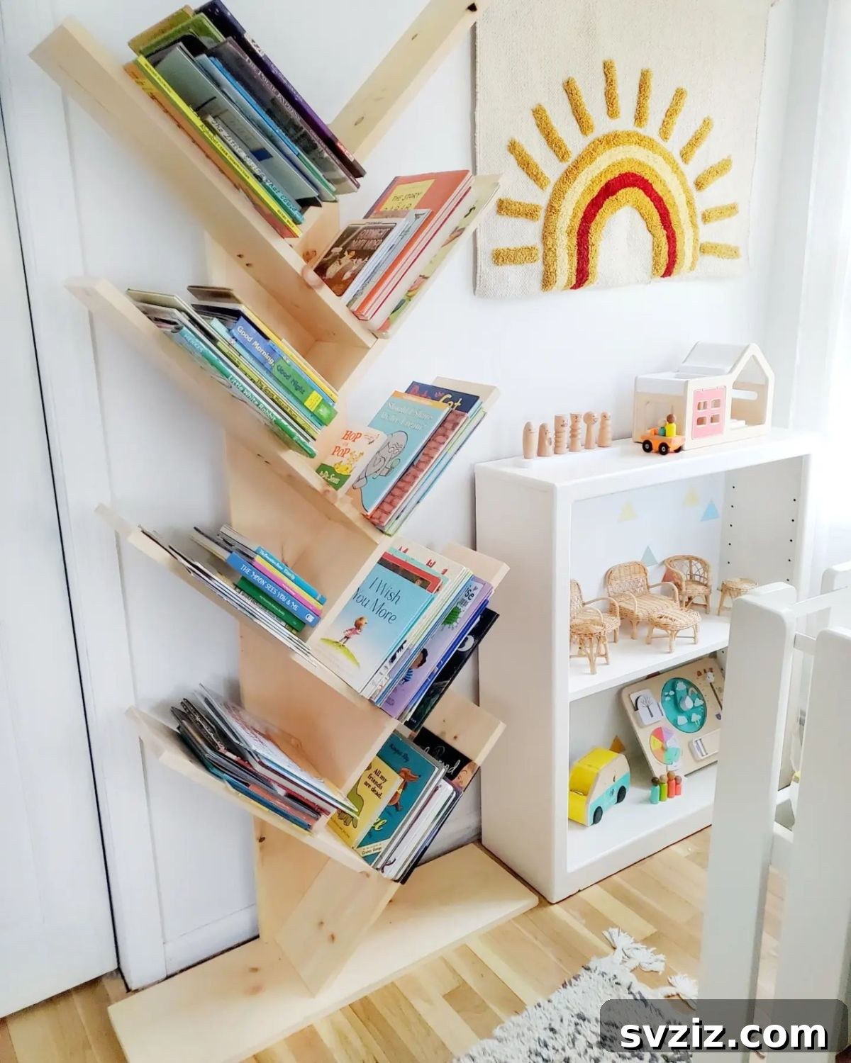 Unique tree-shaped bookshelf, perfect for children's rooms or adding a whimsical touch to any space.