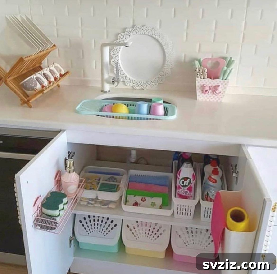 Pretty Categorized Bins and Baskets Under Sink