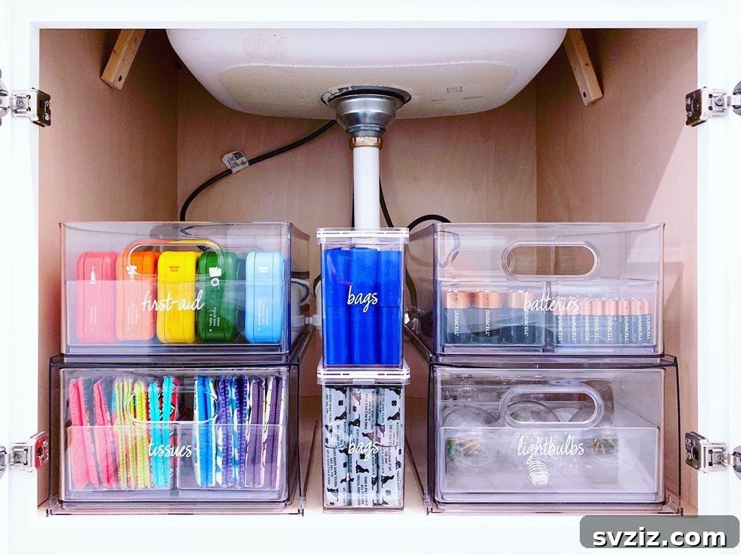 Clear Drawers and Bins with Elegant Labels Under Sink