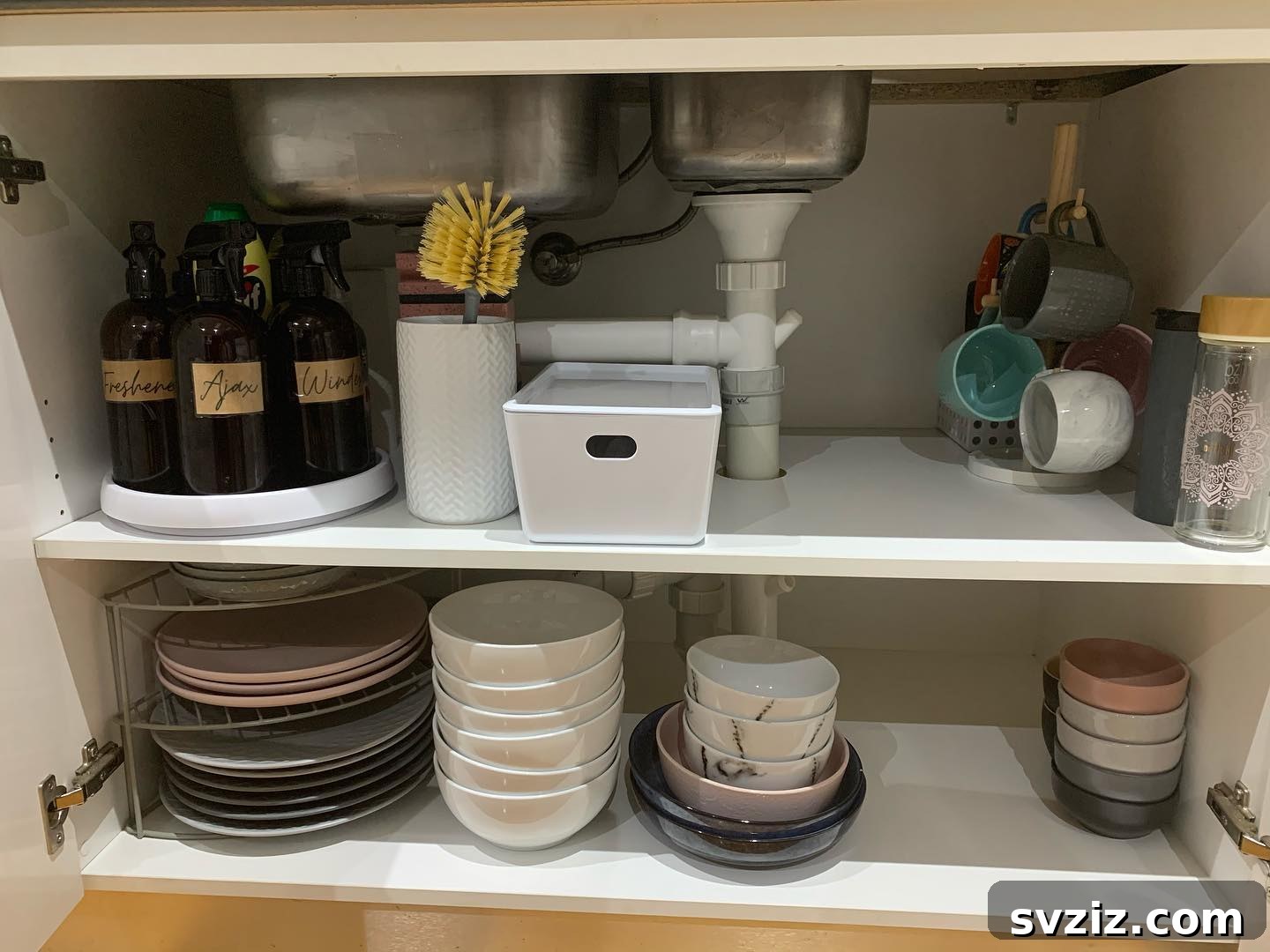 Dishware Storage with Cleaning Supplies Under Sink