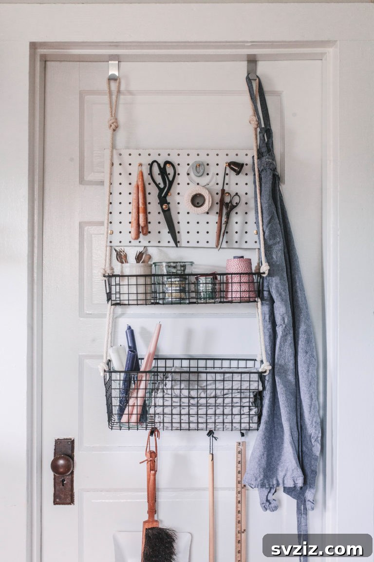 Over-the-Door Storage Unit - DIY pegboard and wire basket organizer.