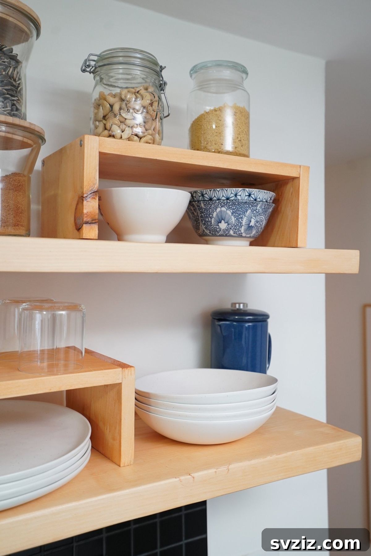 Shelf Risers for Kitchen Storage - DIY solution for cabinet organization.