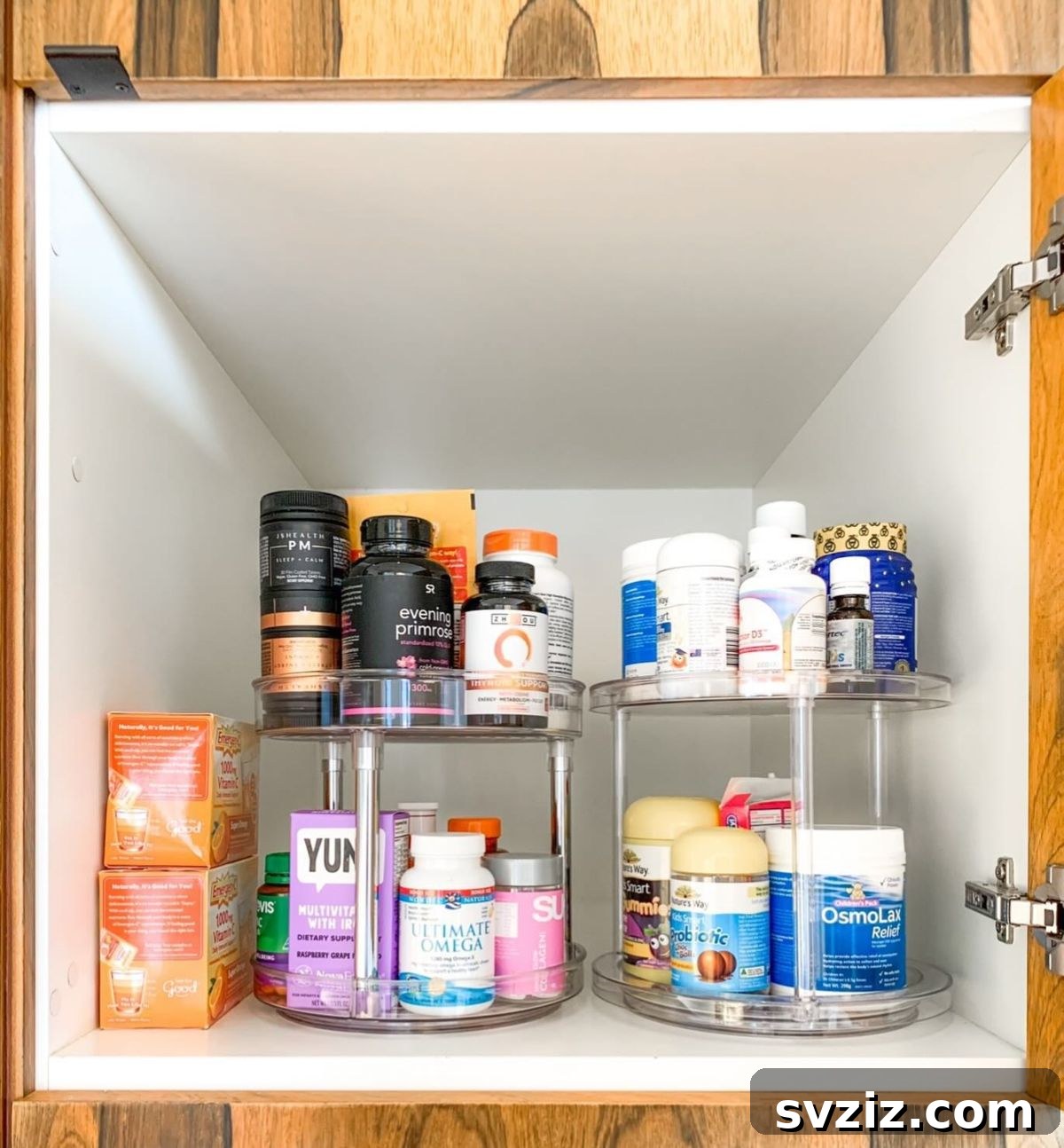 Lazy Susan Organization - Two-tier turntable for cabinet storage.