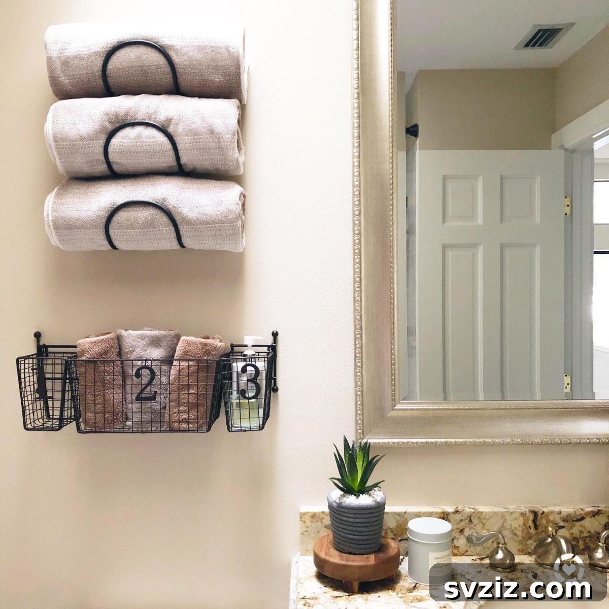 Wine Rack Turned Towel Organizer - Creative bathroom storage hack.