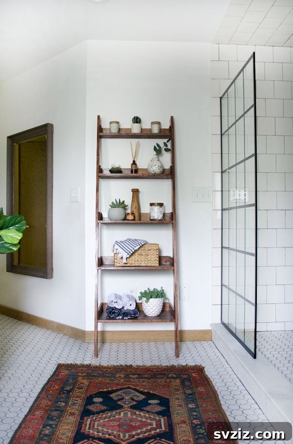 Leaning Ladder Shelf for Extra Storage - Decorative and functional shelving.
