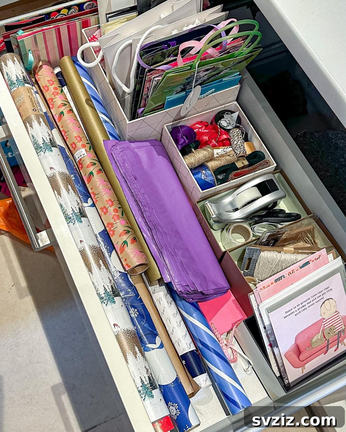 Messy gift wrapping station with excessive supplies