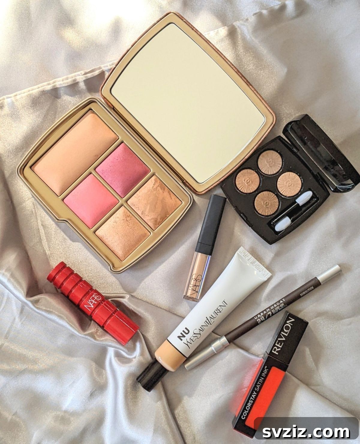 Expired makeup and body products on a vanity