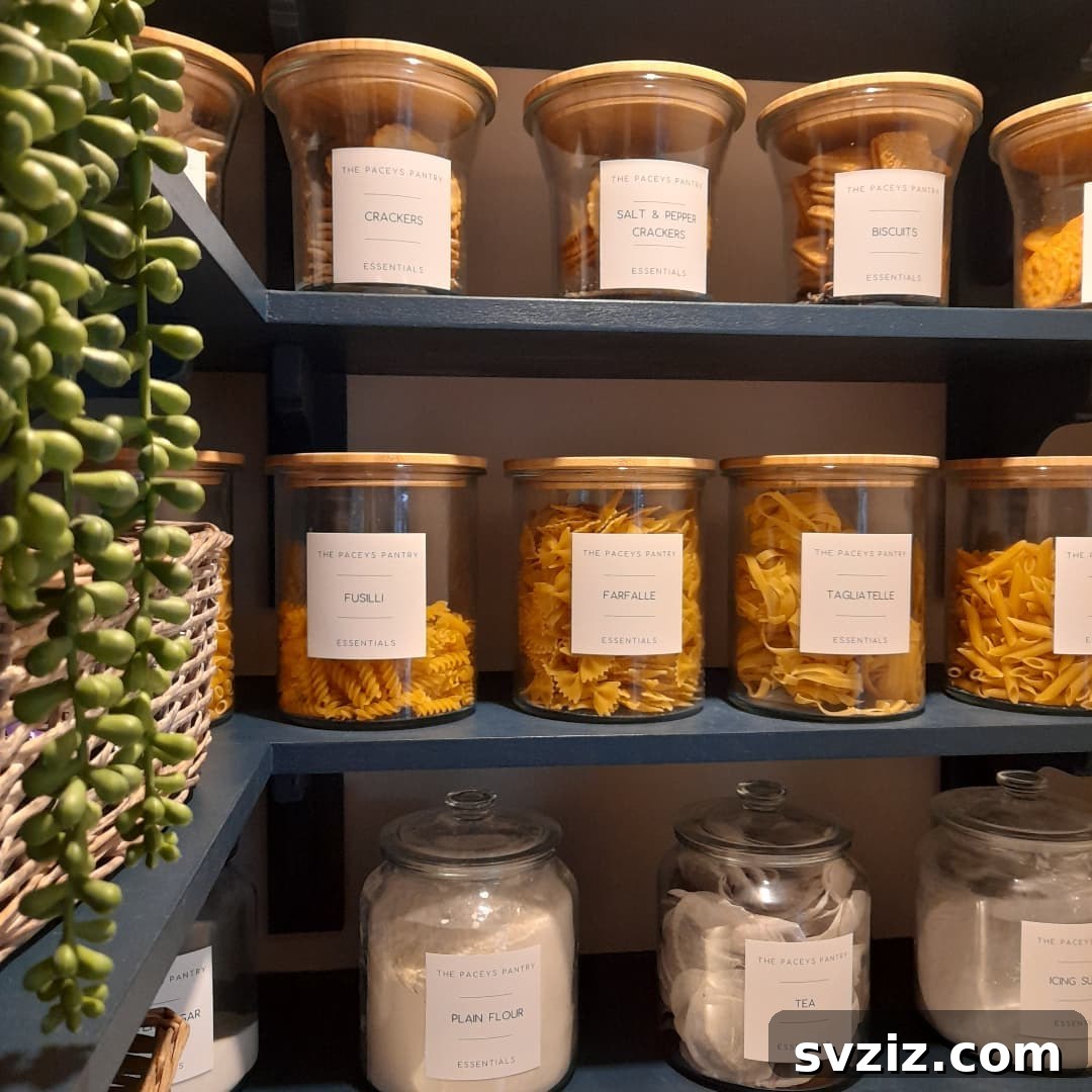 21 Genius Tricks to Tame Kitchen Clutter 16 Pantry shelf with uniform, cohesive jars containing various dry goods