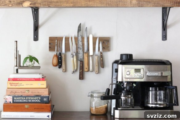 21 Genius Tricks to Tame Kitchen Clutter 21 Magnetic knife rack mounted on a kitchen wall, holding knives safely