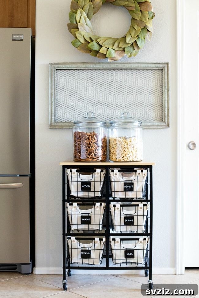 21 Genius Tricks to Tame Kitchen Clutter 23 Tiered basket storage system for fresh produce with labels
