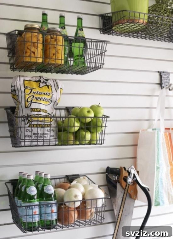 21 Genius Tricks to Tame Kitchen Clutter 9 Kitchen wall with hanging wire baskets for storage