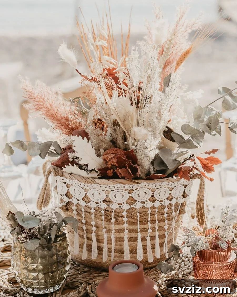 21 Breathtaking Boho Wedding Centerpiece Designs 13 Charming Boho Basket Centerpiece with Woven Textures