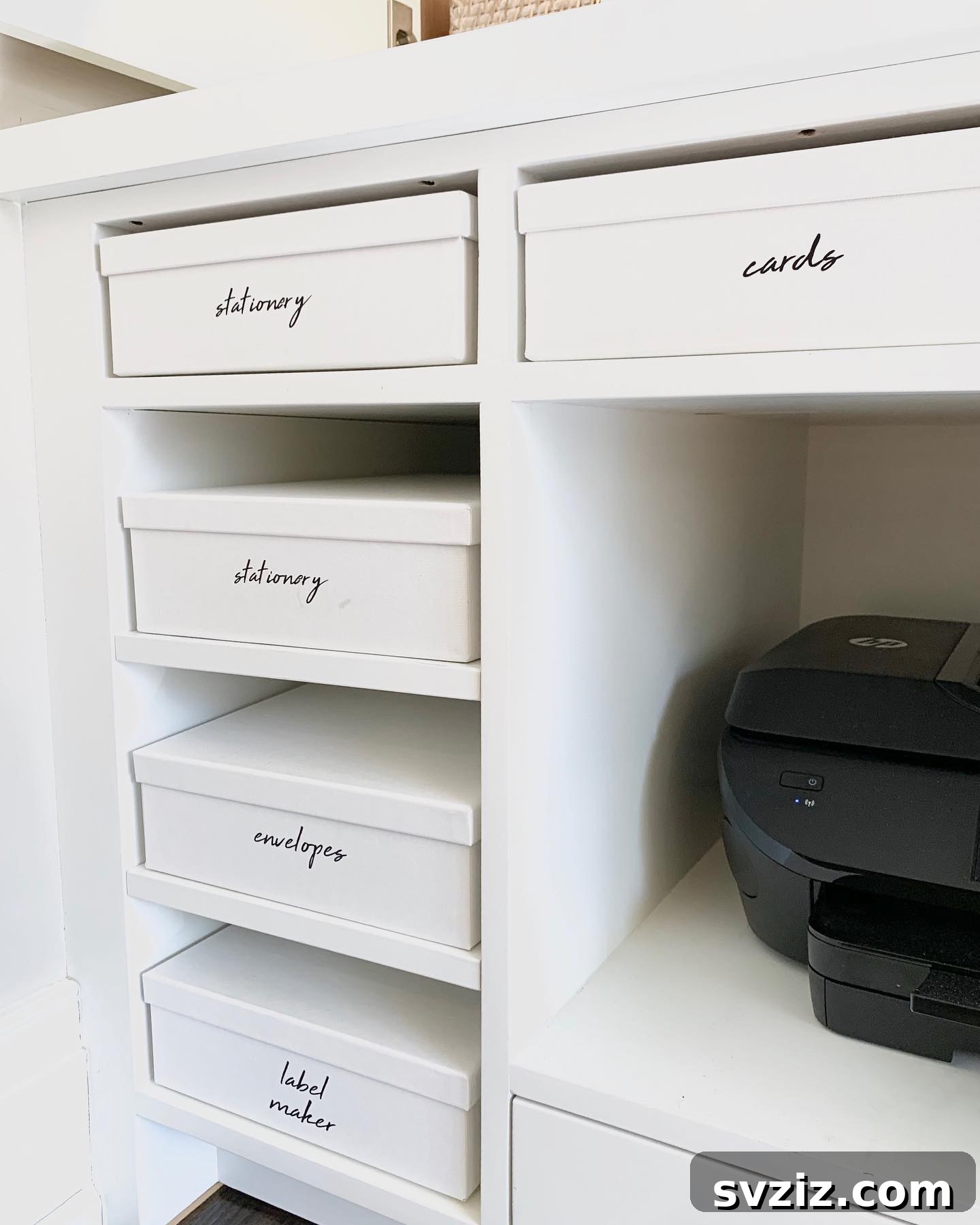 Elegant Home Office with Uniform Matching Storage Boxes