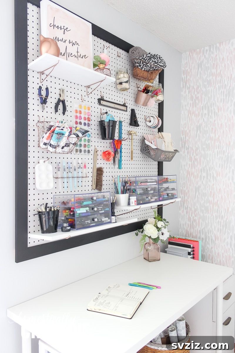 Custom DIY Pegboard for Home Office Storage with Various Accessories