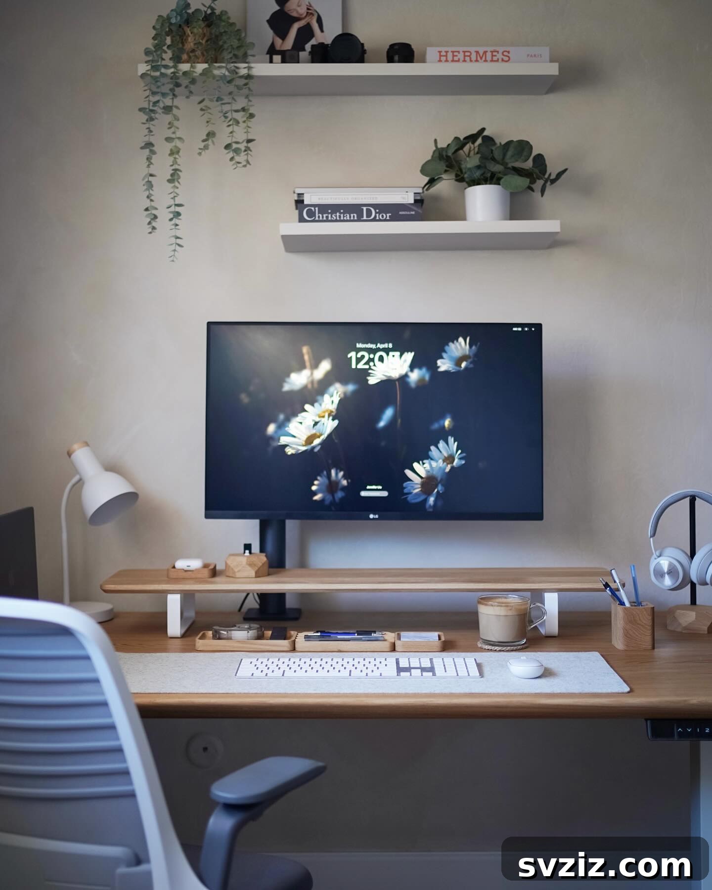 Modern Home Office featuring Staggered Floating Shelves