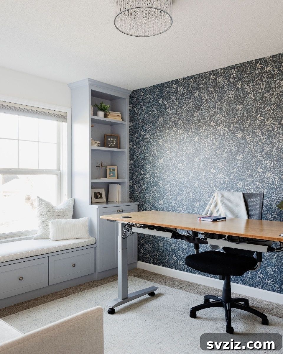 Custom Home Office with Integrated Built-In Shelving and Window Seat
