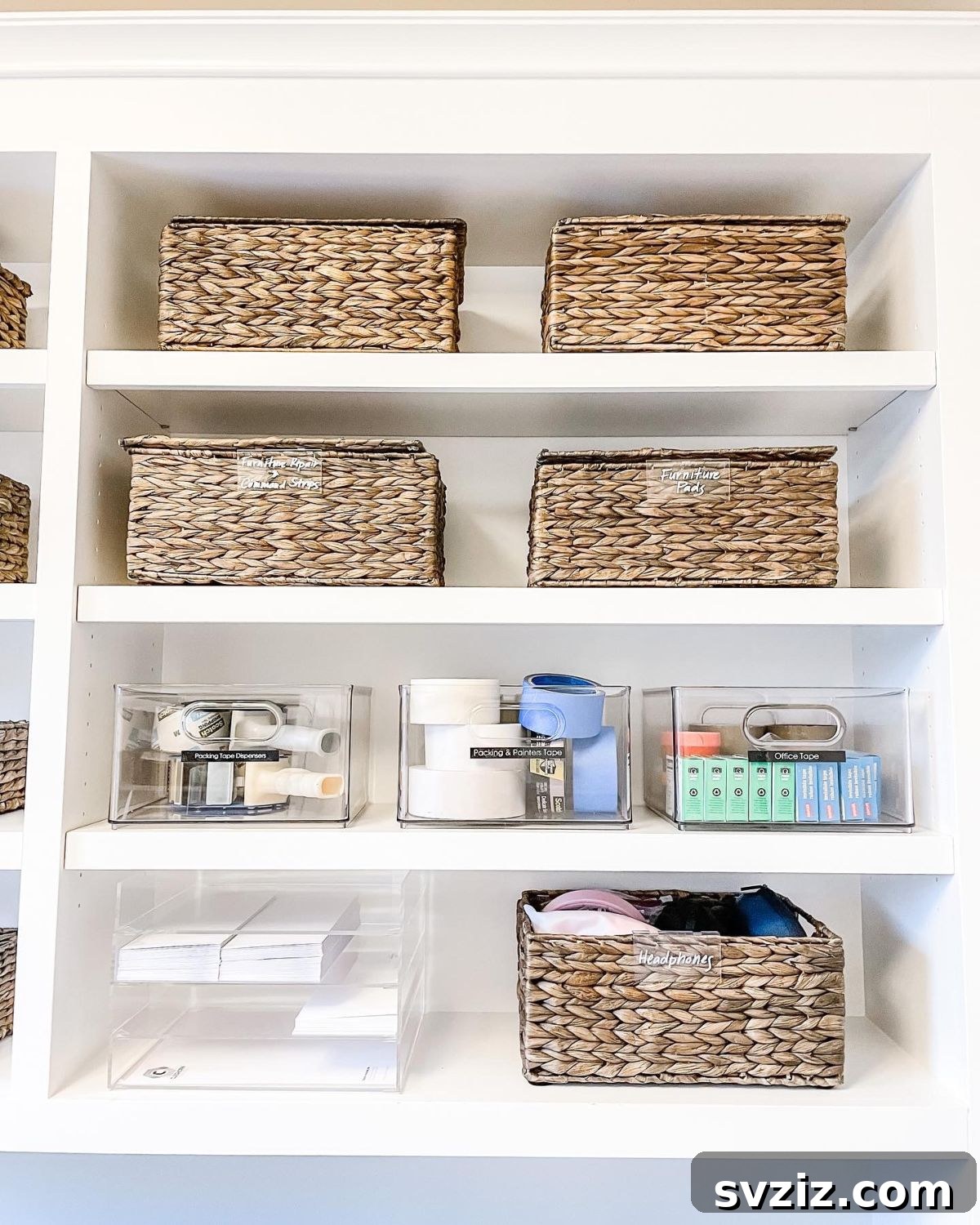 Neatly Labeled Storage Boxes and Baskets in a Home Office