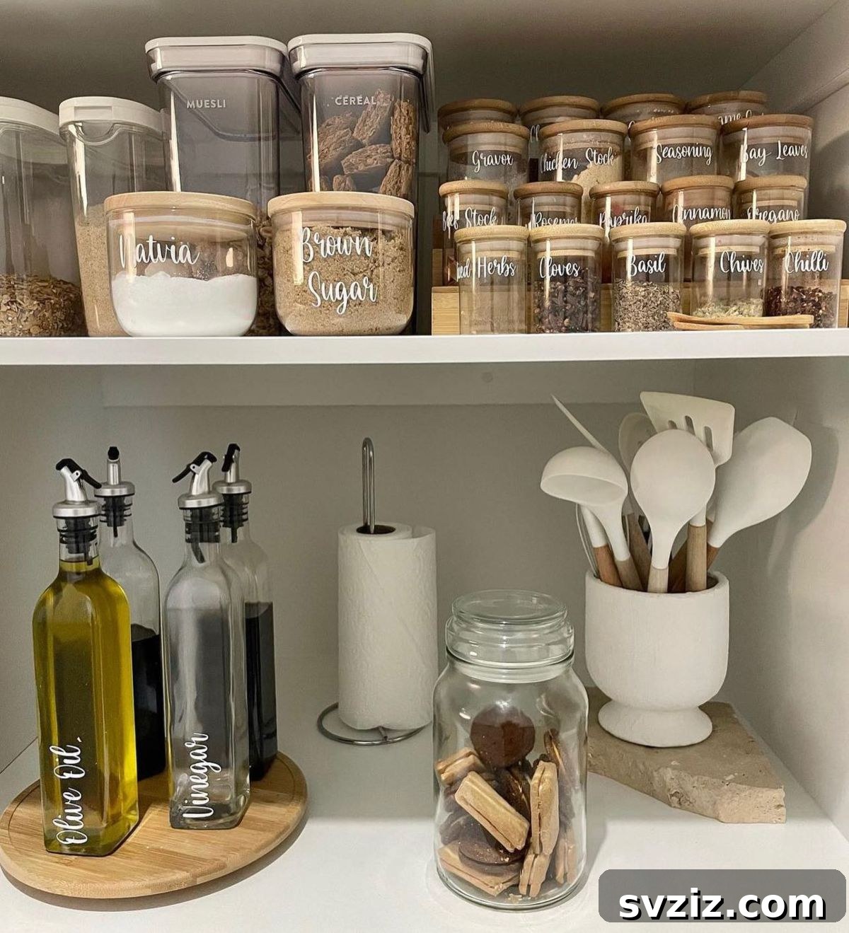 25 Brilliant Storage Hacks for Tiny Kitchens 17 Well-organized pantry with airtight containers and Lazy Susan