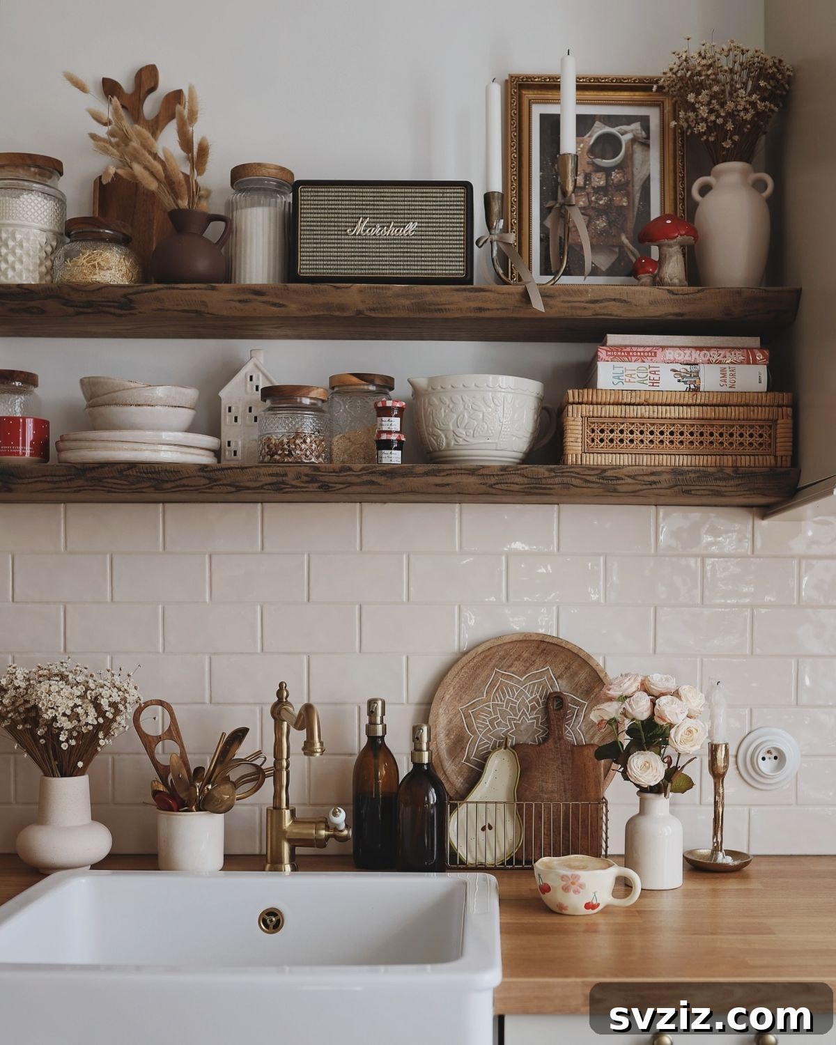 25 Brilliant Storage Hacks for Tiny Kitchens 8 Floating wooden shelves in a rustic kitchen
