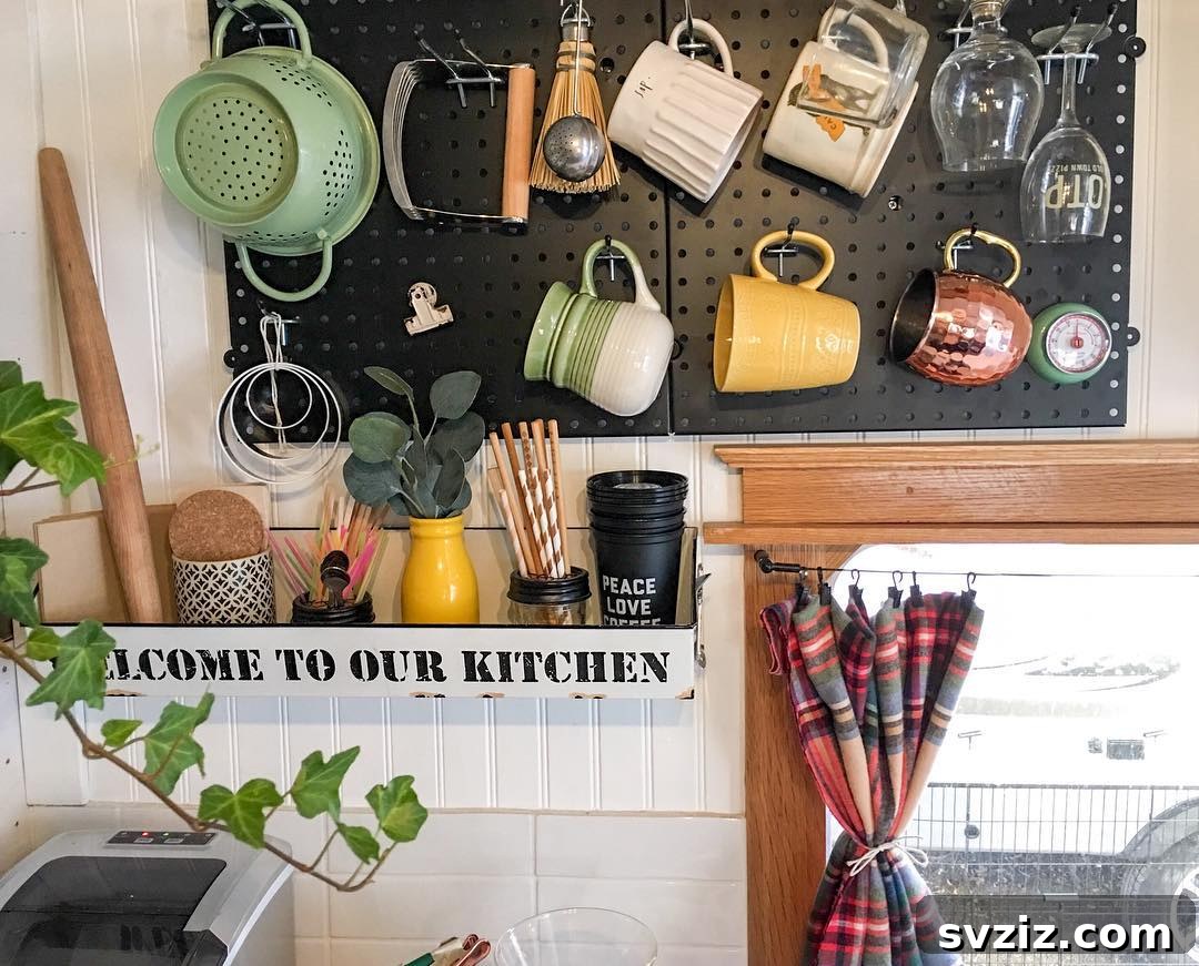 25 Brilliant Storage Hacks for Tiny Kitchens 9 Dark pegboard with colorful mugs and kitchen tools