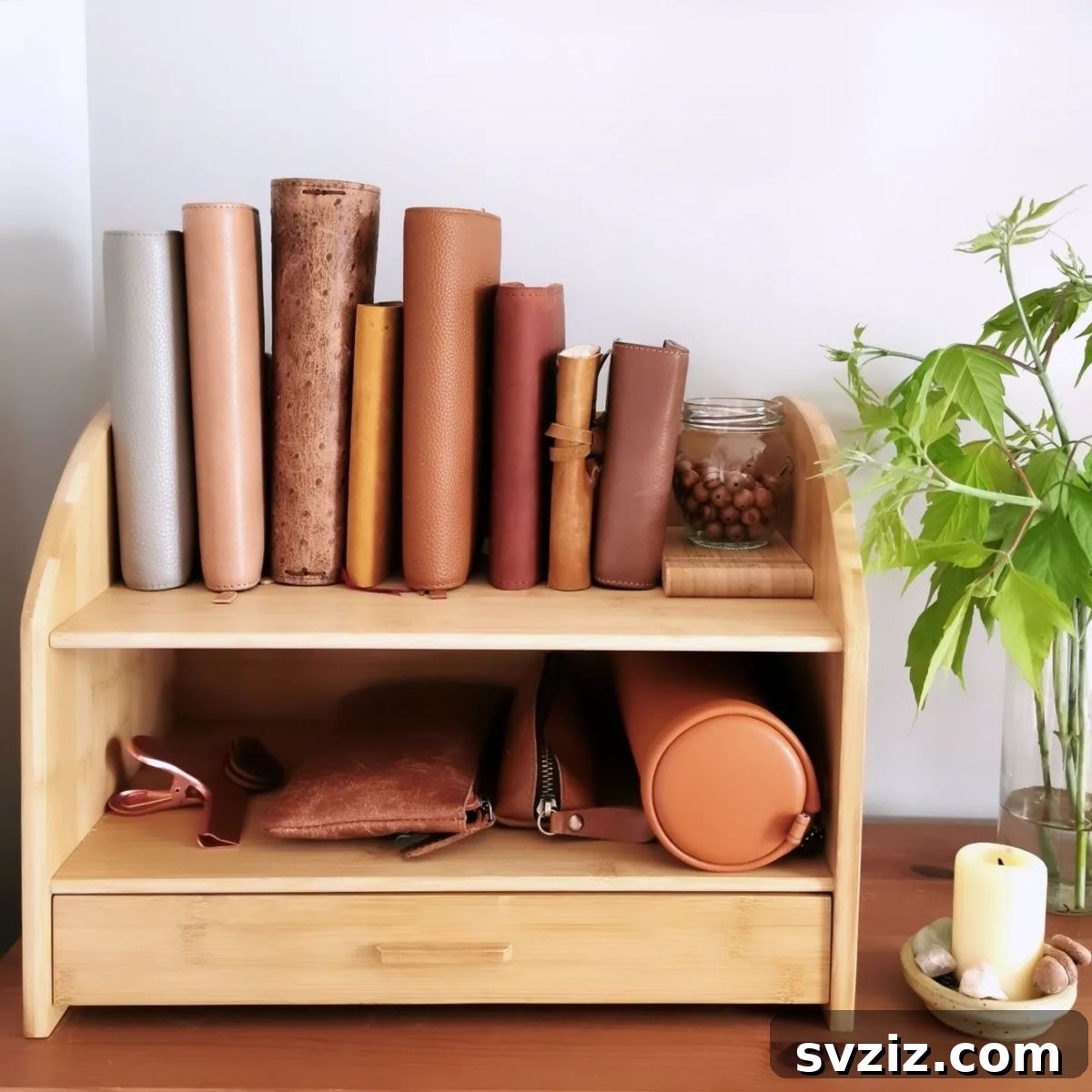 A minimalist bamboo desktop organizer holding notebooks, pens, and featuring a small drawer, adding natural warmth to a workspace.