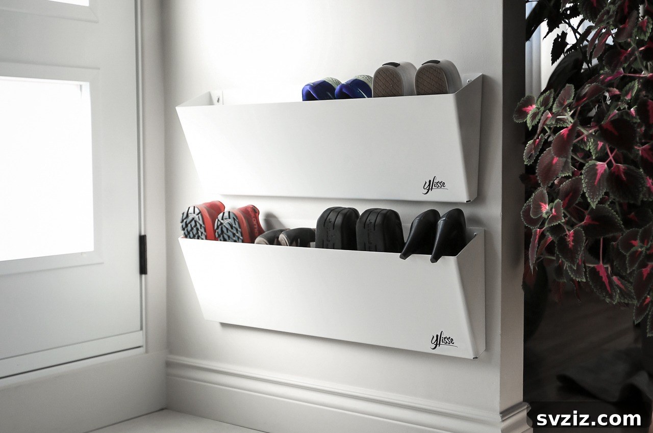A minimalist wall-mounted shoe rack discreetly installed behind a door, offering a tidy solution for footwear storage in an entryway.