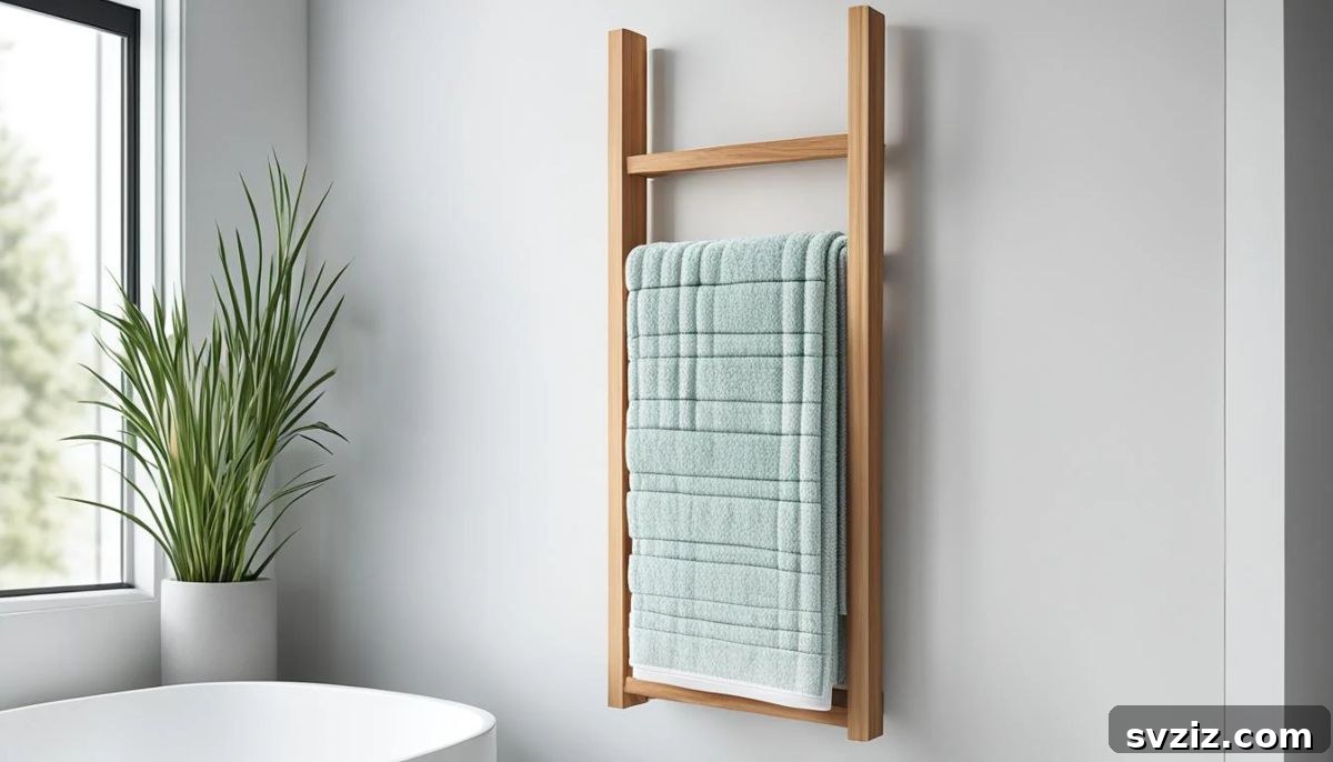 A stylish and minimalist towel rack in a Japandi-style bathroom, holding rolled towels and enhancing the room's aesthetic.