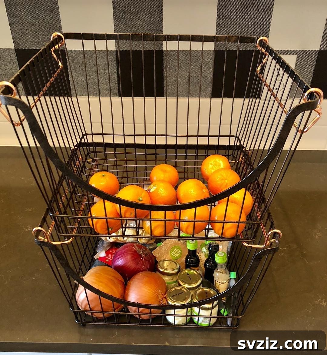 Modern wire baskets used for organizing pantry items, showcasing their versatile and minimalist design.