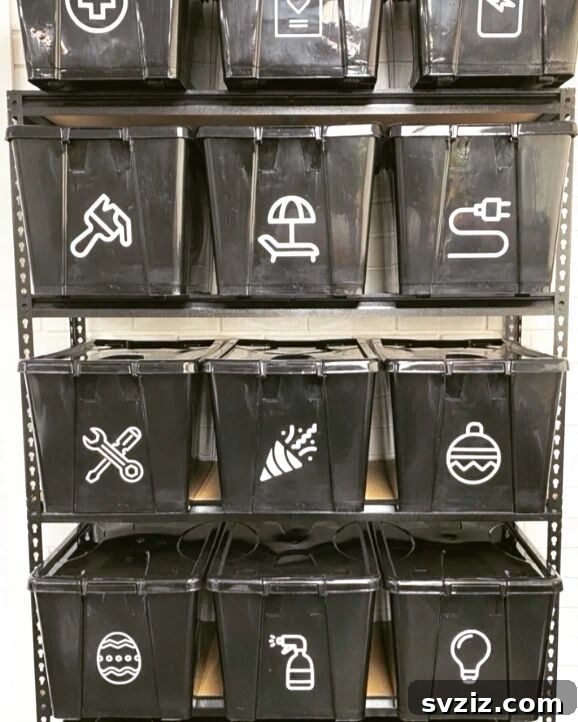 Transform Your Attic: Clever Organizing Secrets 13 Storage boxes with creative graphic label stickers for easy identification