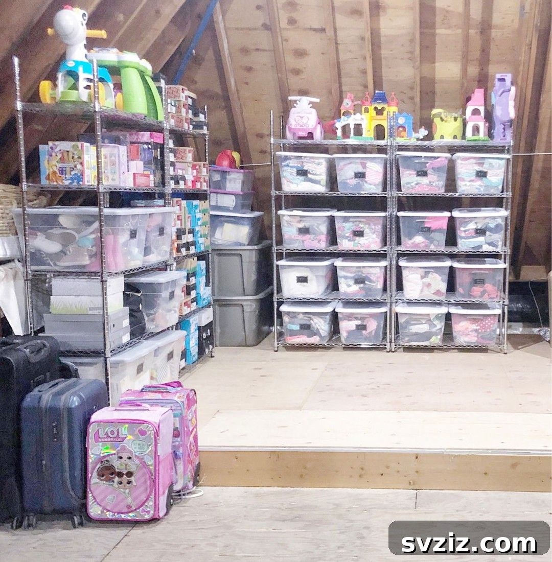 Transform Your Attic: Clever Organizing Secrets 14 Attic space dedicated to organized kids' toy storage with shelves and clear bins