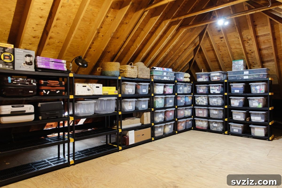 Transform Your Attic: Clever Organizing Secrets 16 Attic organized vertically with shelves and clear bins for easy access