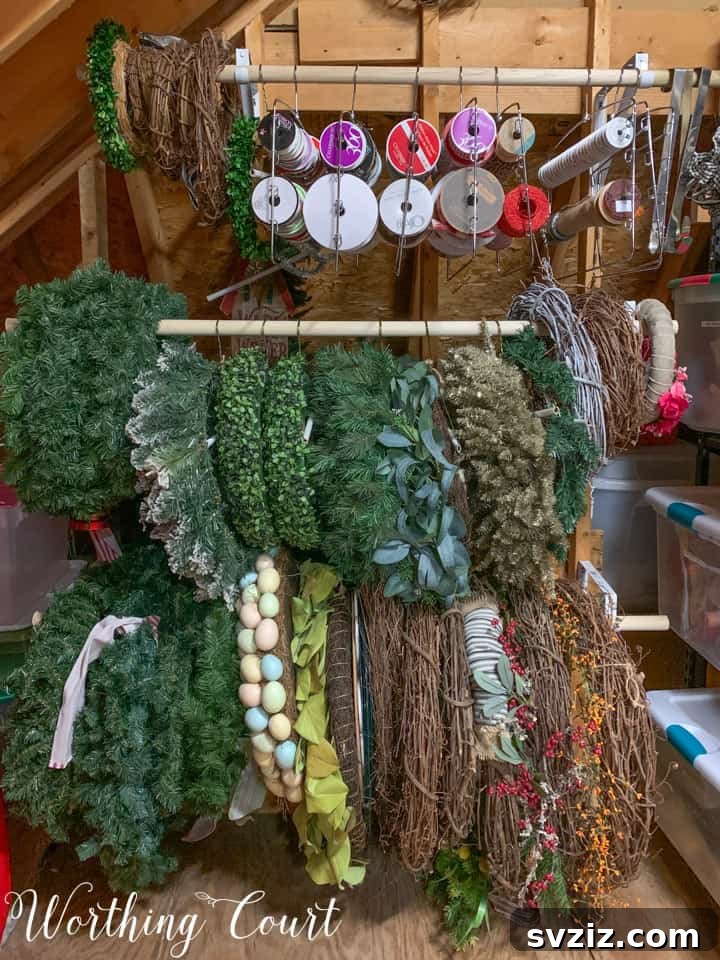 Transform Your Attic: Clever Organizing Secrets 20 Attic with wreath hanging rails to store wreaths without damage