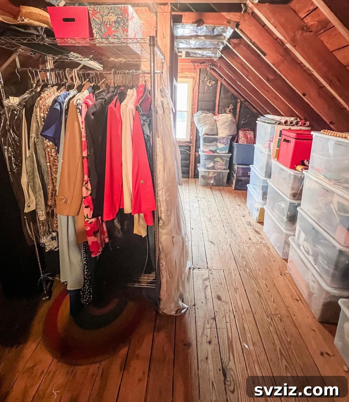 Transform Your Attic: Clever Organizing Secrets 3 Attic organized into clear zones for various items like holiday decor and clothing