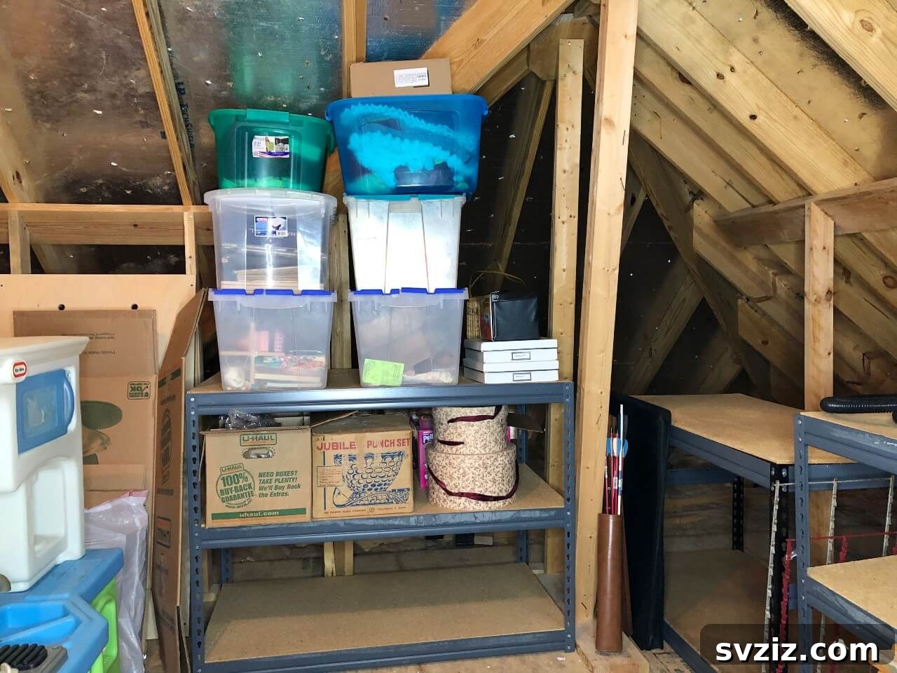 Transform Your Attic: Clever Organizing Secrets 21 Attic organized with robust industrial shelving units holding various bins