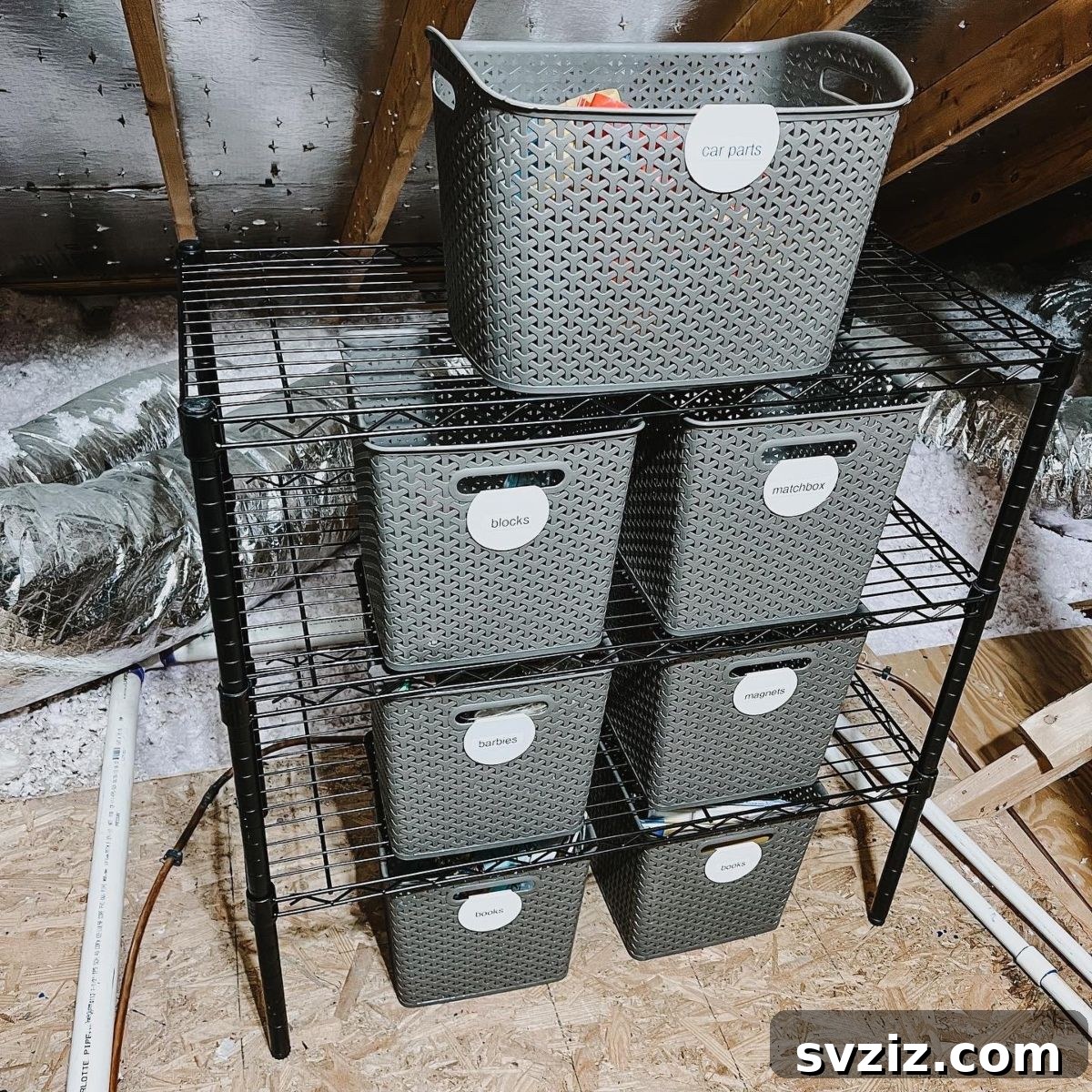 Transform Your Attic: Clever Organizing Secrets 23 Attic storage for toys using large plastic baskets on shelving