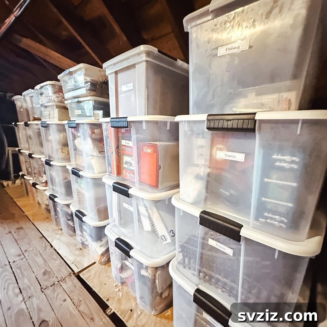 Transform Your Attic: Clever Organizing Secrets 8 Neatly stacked uniform storage containers in a perfectly organized attic