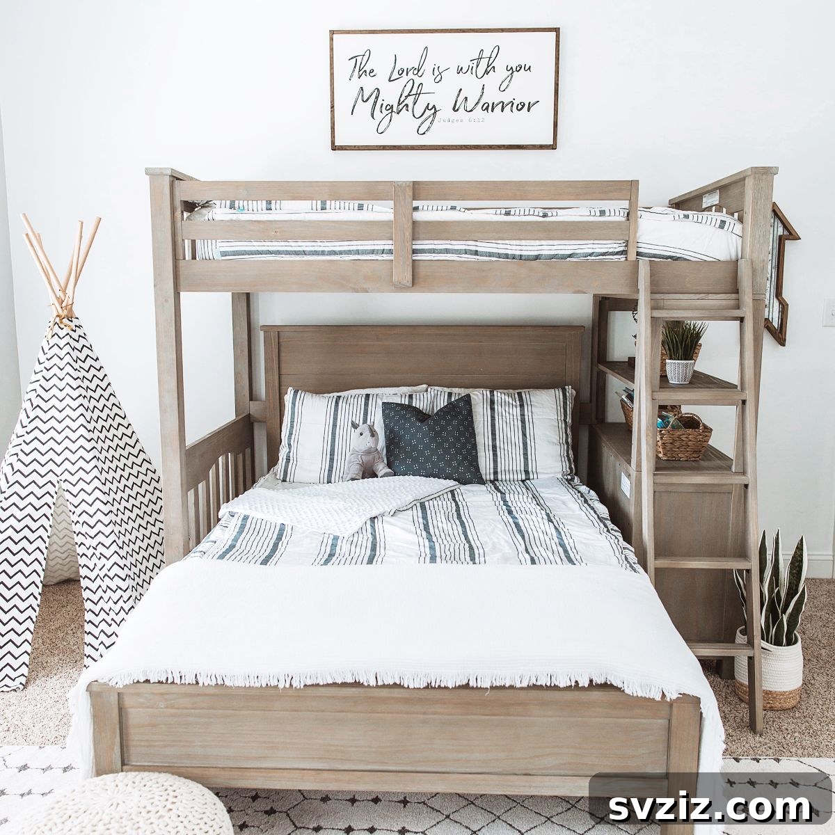 Space-saving bunk beds for a shared boy's room