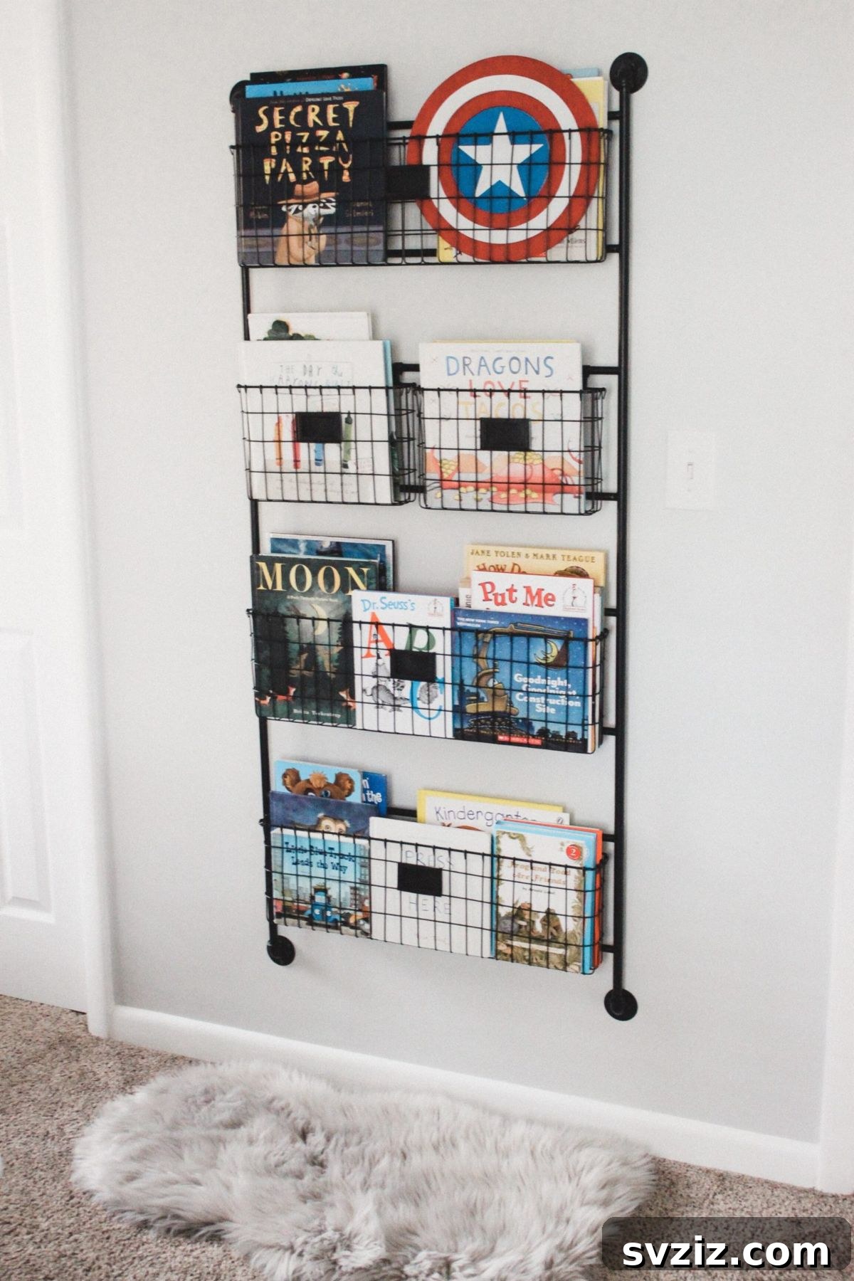 Space-saving hanging metal bookshelf for boy's room