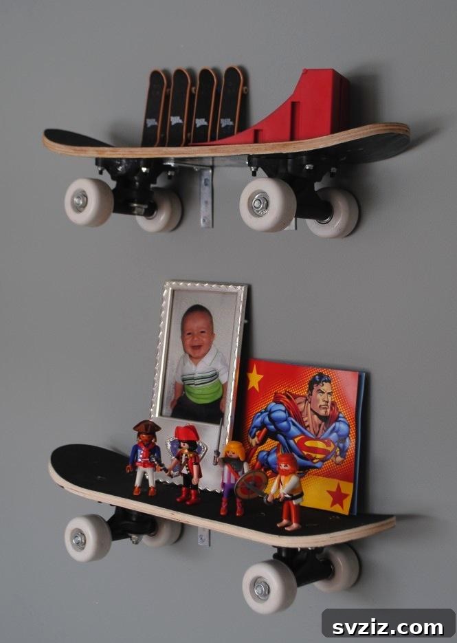 Creative DIY skateboard shelves for boy's room decor