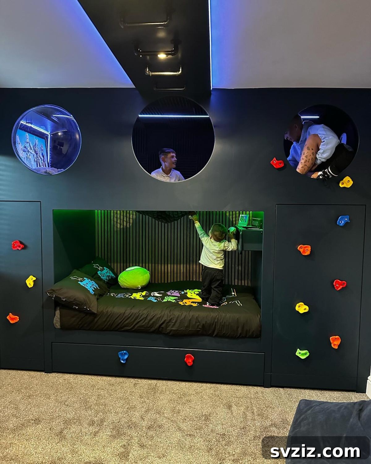 Multi-functional floor-to-ceiling fun bed with climbing holds and storage