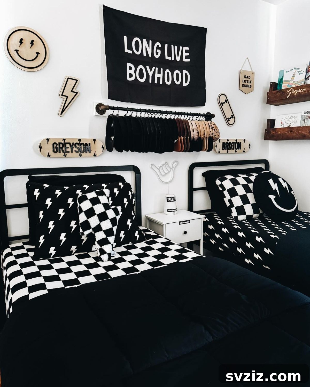Stylish black and white themed boy's bedroom decor