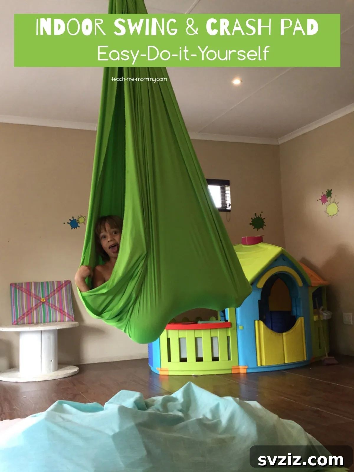 DIY indoor swing and crash pad for energetic boys