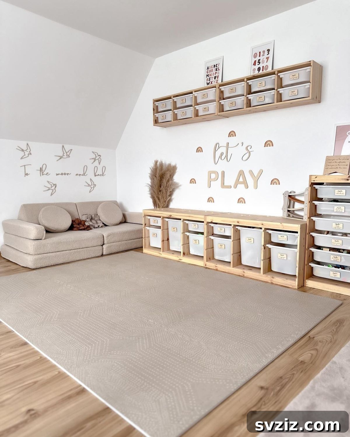 Neutral and tidy playroom for boys with organized toy storage