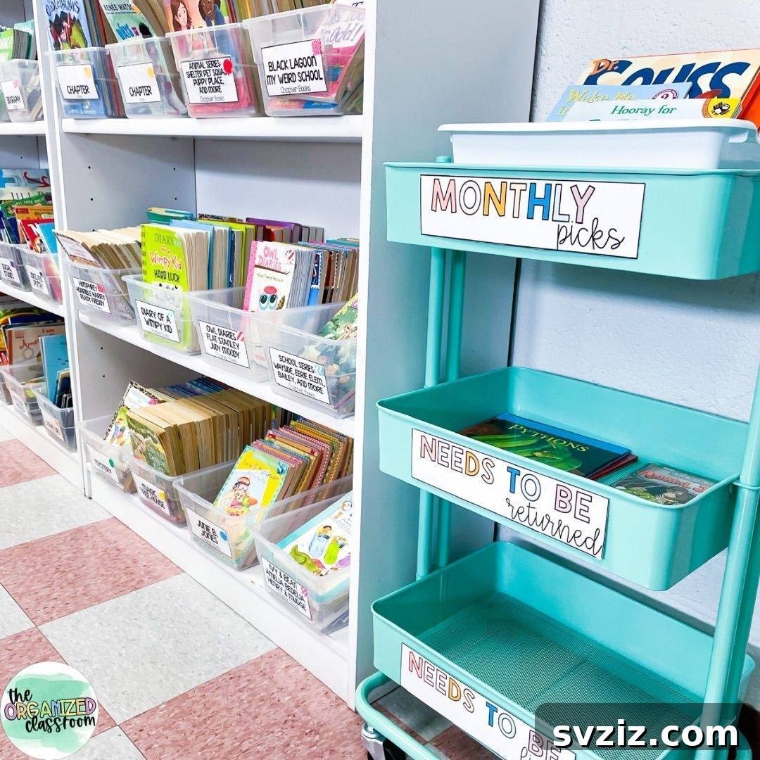 Organized classroom library return system with labeled bins