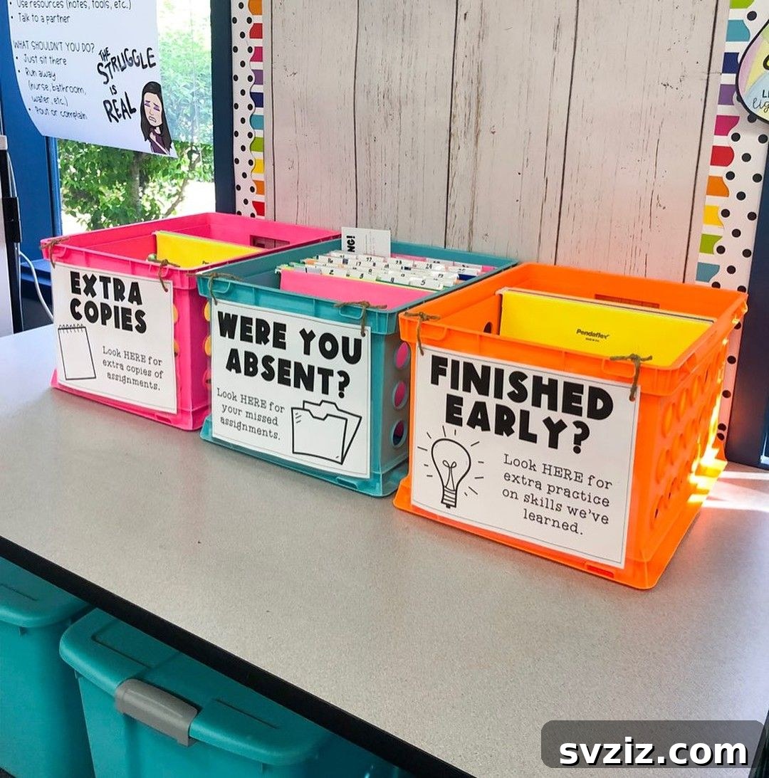 Labeled crates for classroom storage of various items