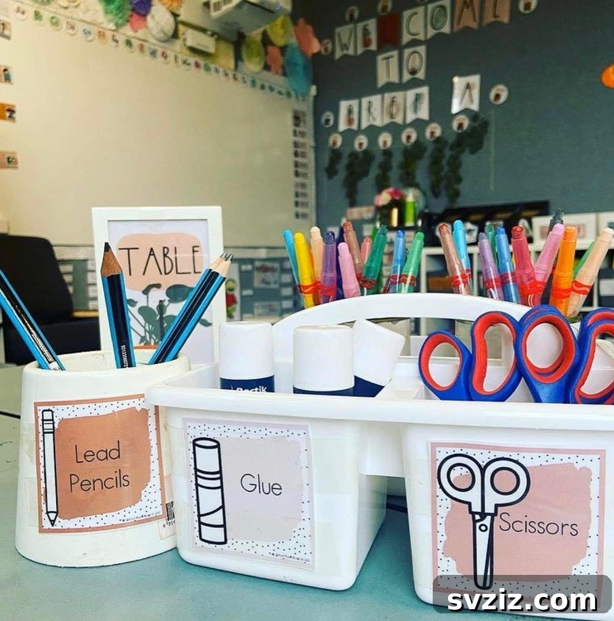 Classroom caddies with labels for organized student supplies