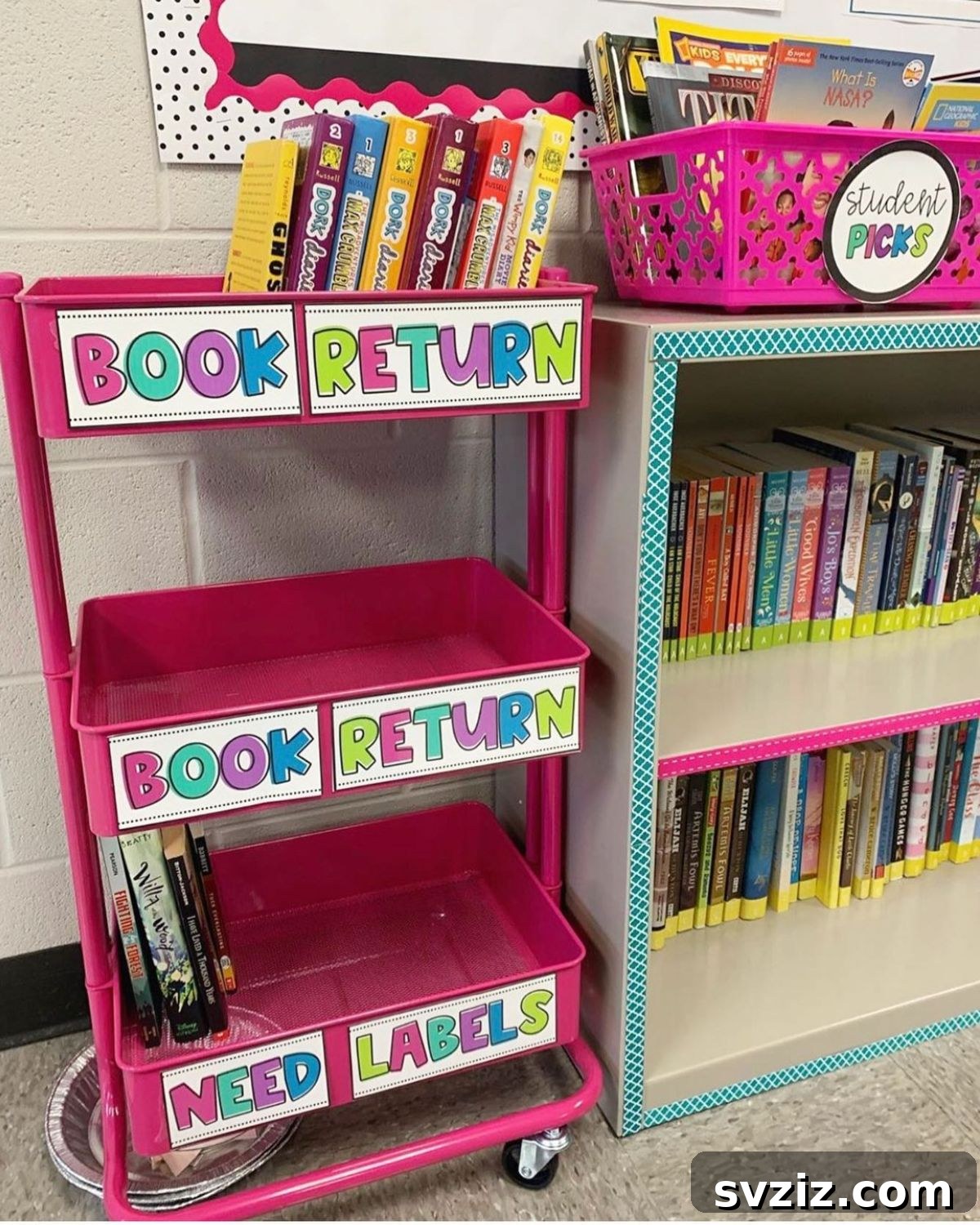 Library cart with large labels for book returns